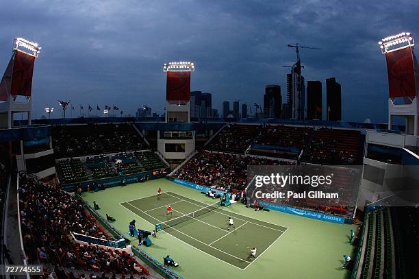 General view of the doubles match between Lee Hyung Taik and Jun Woong Sun of Republic of Korea and Takao Suzuki and Satoshi Wabuchi of Japan in the...