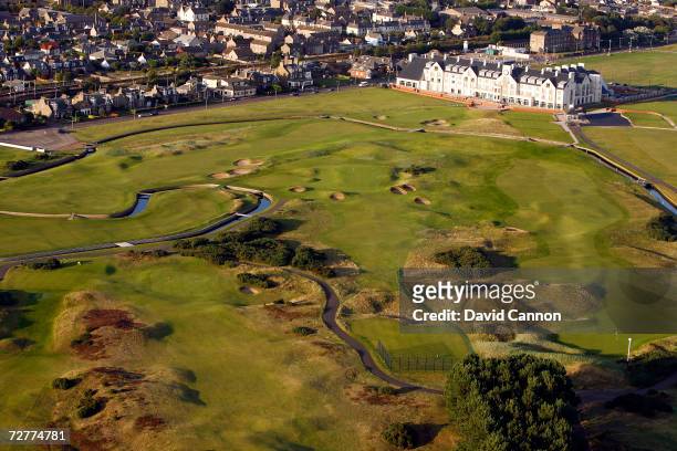 An aerial view of the 401 yards par 4, 1st hole 'Cup' with the 249 yards par 3, 16th hole 'Barry Burn' with the 18th green with the Barry Burn and...