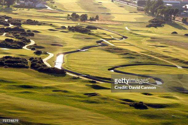 An aerial view of the 249 yards par 3, 16th hole 'Barry Burn and the 433 yds, par 4, 17th hole 'Island' on the Carnoustie Championship Course, venue...