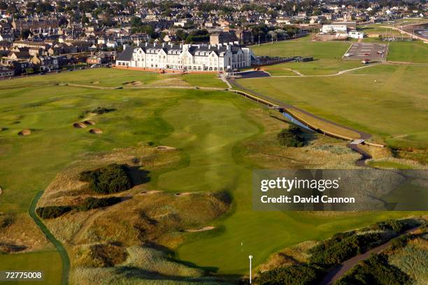 An aerial view of the 401 yards par 4, 1st hole 'Cup' with the 249 yards par 3, 16th hole 'Barry Burn' with the 18th green with the Barry Burn and...