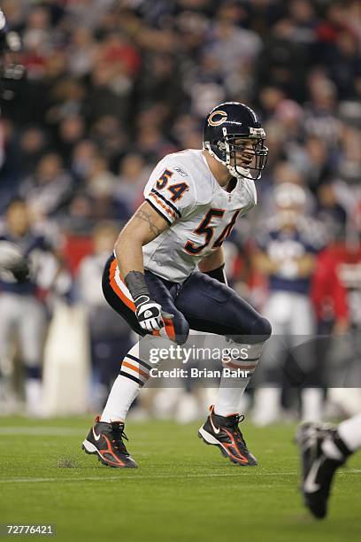 Linebacker Brian Urlacher of the Chicago Bears shifts his coverage against the New England Patriots on November 26, 2006 at Gillette Stadium in...