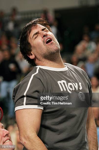 Mark Cuban, owner of the Dallas Mavericks, reacts to play during the NBA game against the Washington Wizards on November 21, 2006 at the American...