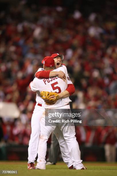 Scott Rolen and Albert Pujols of the St. Louis Cardinals celebrate following Game Five of the 2006 World Series on October 27, 2006 at Busch Stadium...