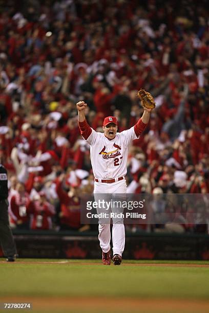 Scott Rolen of the St. Louis Cardinals celebrates following Game Five of the 2006 World Series on October 27, 2006 at Busch Stadium in St. Louis,...