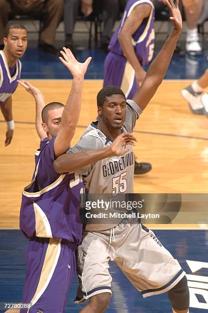 Roy Hibbert of the Georgetown Hoyas posts up during a college basketball game against the James Madison Dukes at Verizon Center on December 5, 2006...