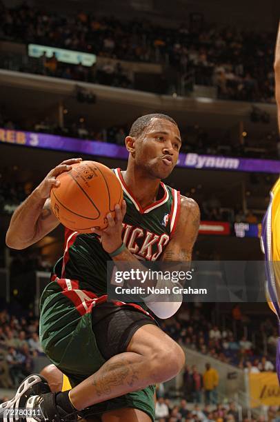 Maurice Williams of the the Milwaukee Bucks drives to the basket against the Los Angeles Lakers on November 28, 2006 at Staples Center in Los...