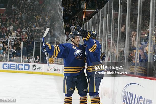 Nathan Paetsch and Thomas Vanek of the Buffalo Sabres celebrate a goal against the Pittsburgh Penguins on November 17, 2006 at HSBC Arena in Buffalo,...