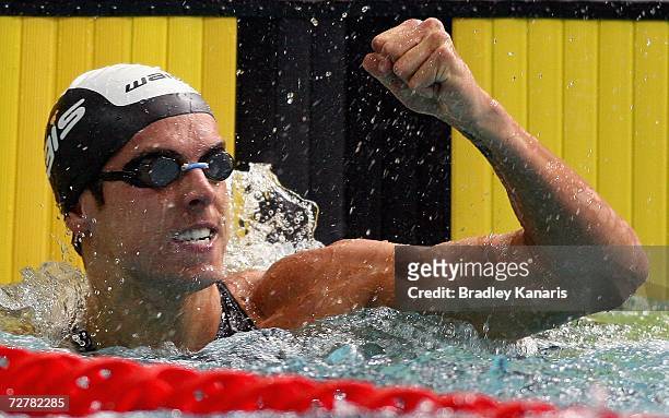 Eamon Sullivan celebrates victory after winning the Men's 50m Freestyle final on day seven of the Australian Championships at Chandler Aquatic Centre...