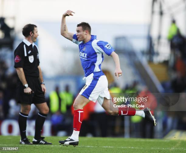 Matthew Taylor of Portsmouth celebrates scoring during the Barclays Premiership match between Portsmouth and Everton at Fratton Park on December 9,...