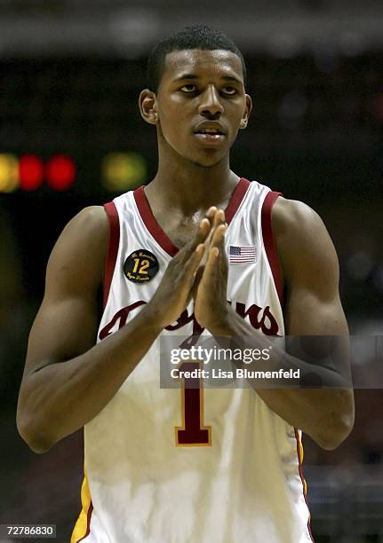 Nick Young of the USC Trojans looks on during a freethrow against the George Washington Colonials at the John R. Wooden Classic at the Honda Center...