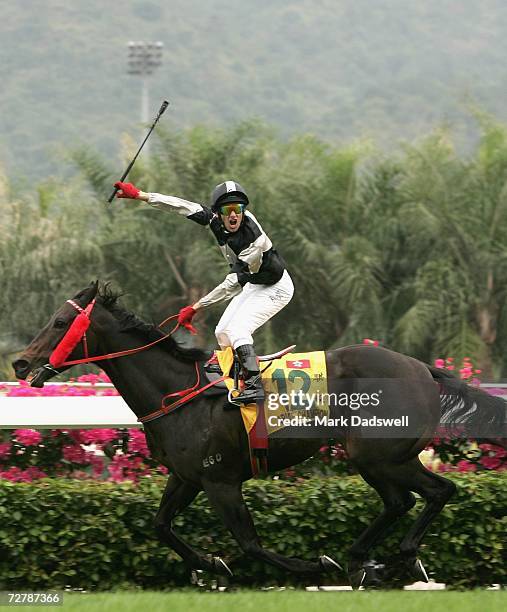 Jockey Brett Prebble riding Absolute Champion celebrates as he wins the Cathay Pacific Hong Kong Sprint during the Cathay Pacific Hong Kong...