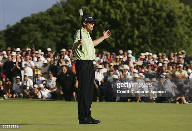 Nick O'Hern of Australia questions himself after sinking a putt during the first play-off during the Australian PGA Championships at the Hyatt...