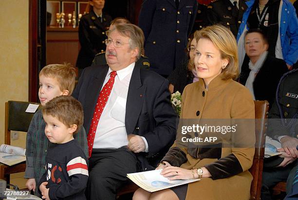 Princess Mathilde of Belgium and Defence Minister Andre Flahaut listen to a speech during the Family Info National Day , 09 December 2006, in Peutie....