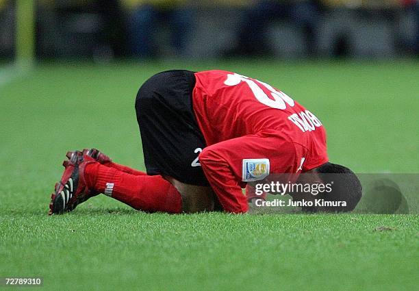 Mohamed Aboutrika of Ahly Sporting Club reacts after scoring during the FIFA Club World Cup Japan 2006 Quarterfinals between Auckland City FC and...