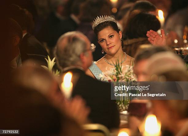 Crown Princess Victoria of Sweden and King Carl XVI Gustaf of Sweden, during the Nobel Banquet at the City Hall on December 10, 2006 in Stockholm,...