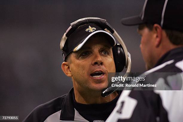 Head coach Sean Payton of the New Orleans Saints argues a call during play against the Dallas Cowboys at Texas Stadium on December 10, 2006 in...