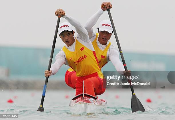 Ma Xiaojie and Huang Shaokun of China in action in the Men's Canoe Double 1000m at West Bay Lagoon during the 15th Asian Games December 11, 2006 in...