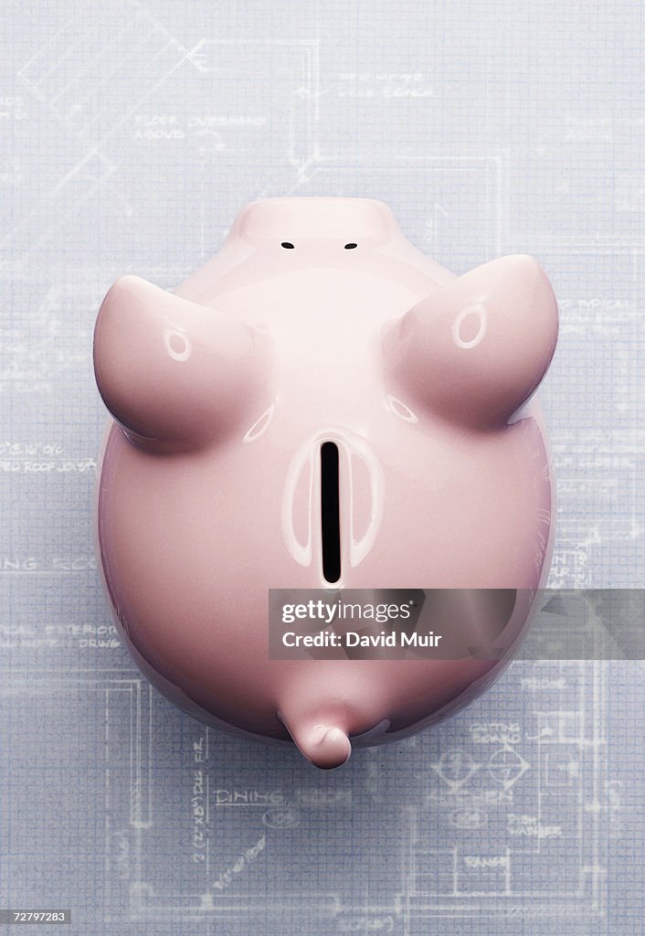 Piggy bank on blueprint, overhead view