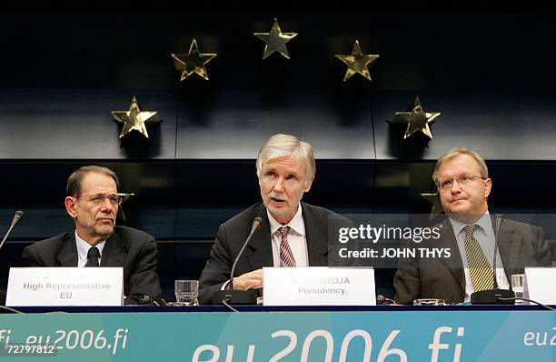 Foreign Policy Chief, Spanish Javier Solana , Finnish Erkki Tuomioja and Finnish Olli Rehn , European commissioner in charge of Enlargement give a...