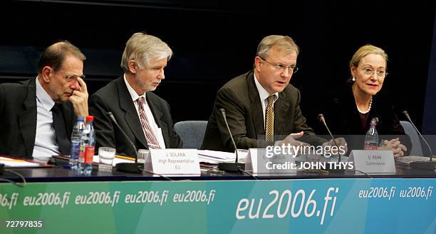 From Lto R EU Foreign Policy Chief, Spanish Javier Solana, Finnish Erkki Tuomioja, Finnish Olli Rehn, European commissioner in charge of Enlargement,...