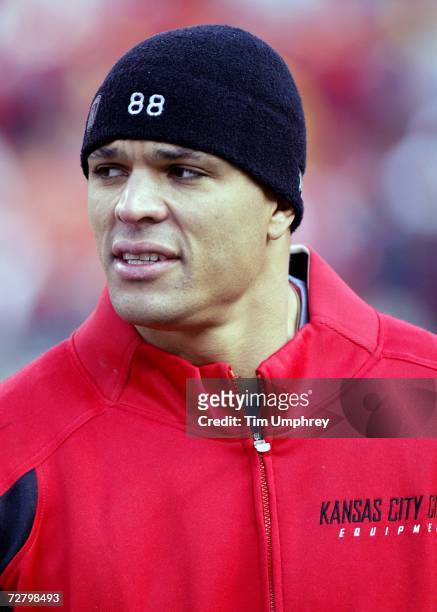 Tight end Tony Gonzalez of the Kansas City Chiefs looks on from the sideline in a game against the Oakland Raiders at Arrowhead Stadium in Kansas...
