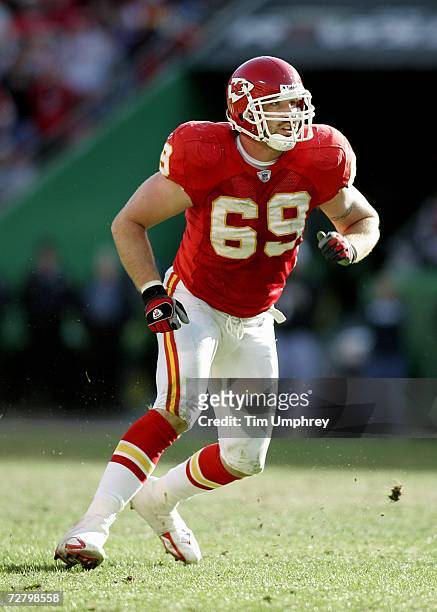 Defensive end Jared Allen of the Kansas City Chiefs defends in a game against the Oakland Raiders at Arrowhead Stadium in Kansas City, Missouri on...