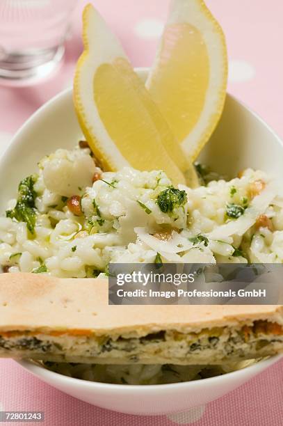 lemon risotto with herb oil, & piece of spinach & ricotta pie - mushroom pie stock pictures, royalty-free photos & images