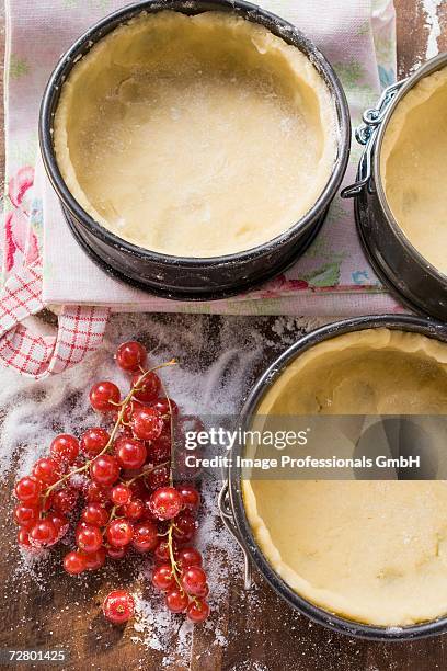 baking tins lined with pastry, redcurrants - baking dish stock pictures, royalty-free photos & images