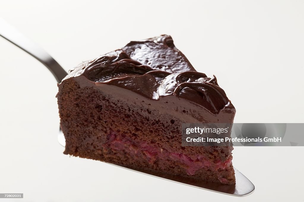 Slice of chocolate cake on cake server