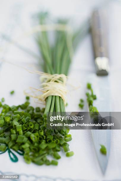 fresh chives, a bunch and chopped, with knife - chopped chives stock pictures, royalty-free photos & images