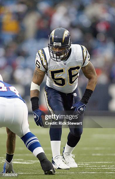Shawne Merriman of the San Diego Chargers gets ready to move on the field during the game against the Buffalo Bills at Ralph Wilson Stadium on...