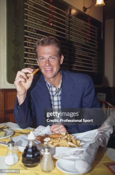 Swedish tennis player Stefan Edberg pictured eating fish and chips in newspaper at Geales fish restaurant in Notting Hill, London in 1995.