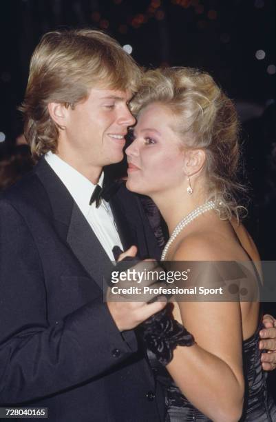 Swedish tennis player Stefan Edberg, dressed in formal black tie, dances with his girlfriend Annette Olsen at a professional tennis circuit event in...