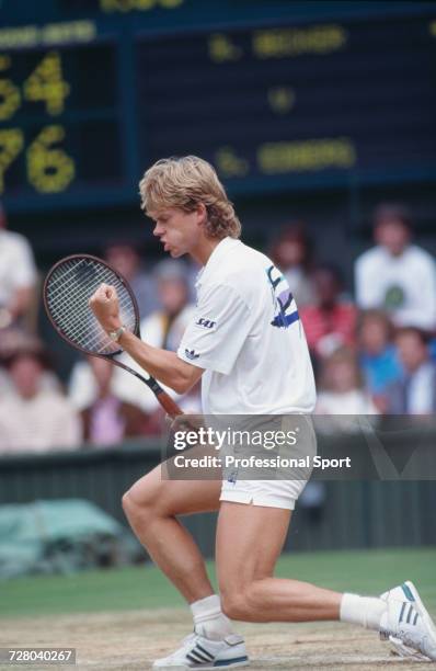 Swedish tennis player Stefan Edberg pictured celebrating winning a point during action against Boris Becker in the final of the Men's Singles...