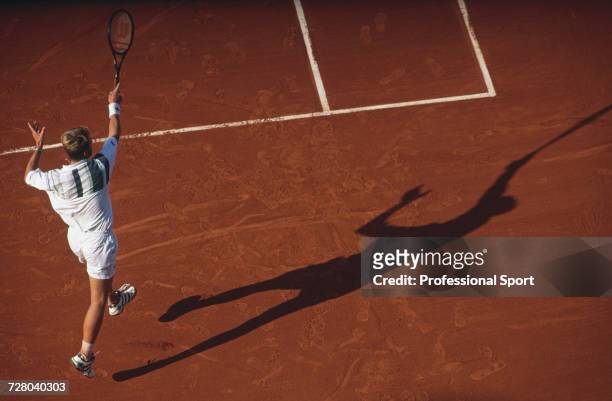 Swedish tennis player Stefan Edberg pictured in action competing to reach the fourth round of the Men's Singles tournament at the 1996 French Open at...