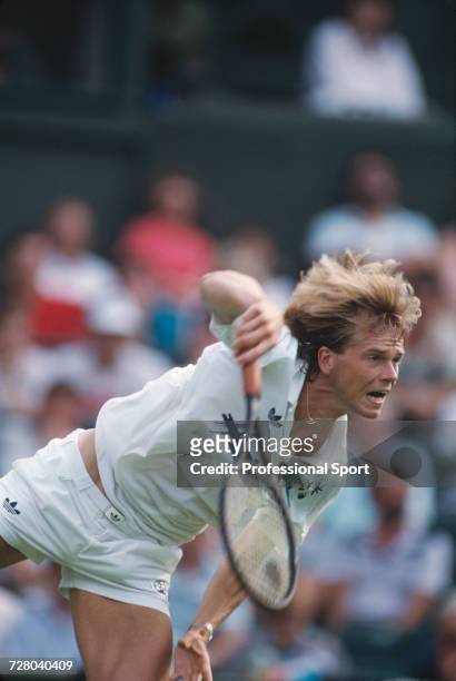 Swedish tennis player Stefan Edberg pictured in action during progress to reach the final of the Men's Singles tournament to win the Gentlemen's...