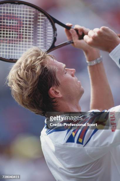 Swedish tennis player Stefan Edberg, the defending champion, pictured in action competing to reach the second round of the 1993 US Open Men's Singles...