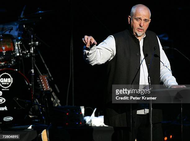 Musician Peter Gabriel speaks at the second annual gala dinner and concert to benefit Witness which helps promote human rights causes worldwide...