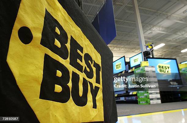 The Best Buy logo is seen on display at a Best Buy store December 12, 2006 in San Francisco. Best Buy Co. Reported that third-quarter earnings rose...