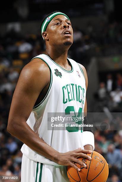 Paul Pierce of the Boston Celtics shoots a free throw against the Memphis Grizzlies on December 6, 2006 at the TD Banknorth Garden in Boston,...