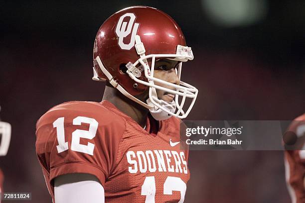 Quarterback Paul Thompson of the Oklahoma Sooners looks on against the Nebraska Cornhuskers during the 2006 Dr. Pepper Big 12 Championship on...