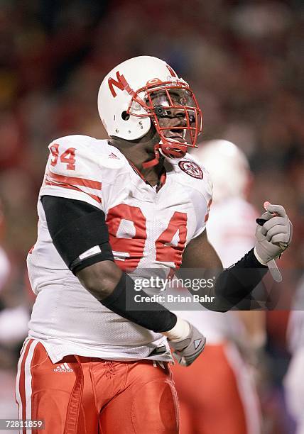 Barry Cryer of the Nebraska Cornhuskers celebrates against the Oklahoma Sooners late in the fourth quarter of the 2006 Dr. Pepper Big 12 Championship...