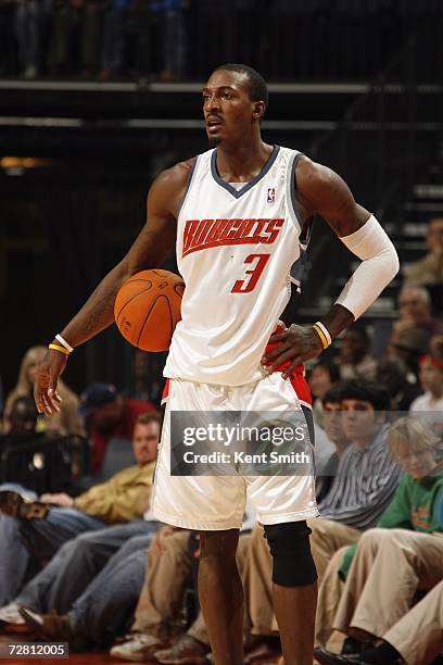 Gerald Wallace of the Charlotte Bobcats looks on during a game against the Miami Heat at the Charlotte Bobcats Arena on November 25, 2006 in...