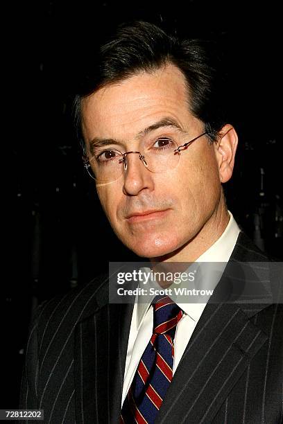 Comedian Stephen Colbert poses backstage before An Evening With The Colbert Report held at The Gerald W. Lynch Theater at the John Jay College of...