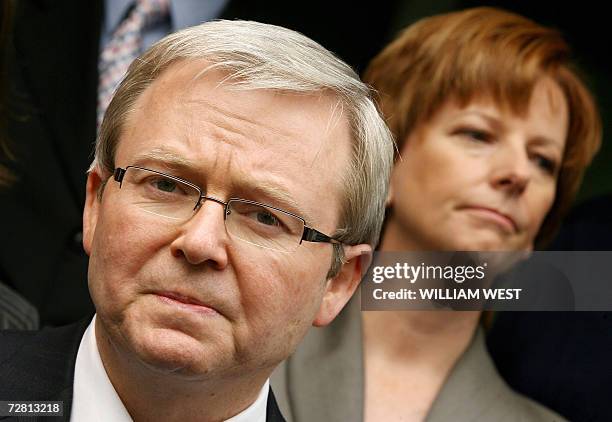 New Labour leader Kevin Rudd and his deputy Julia Gillard speak to the media at a doorstop, in Melbourne, 13 December 2006. Rudd, who deposed former...