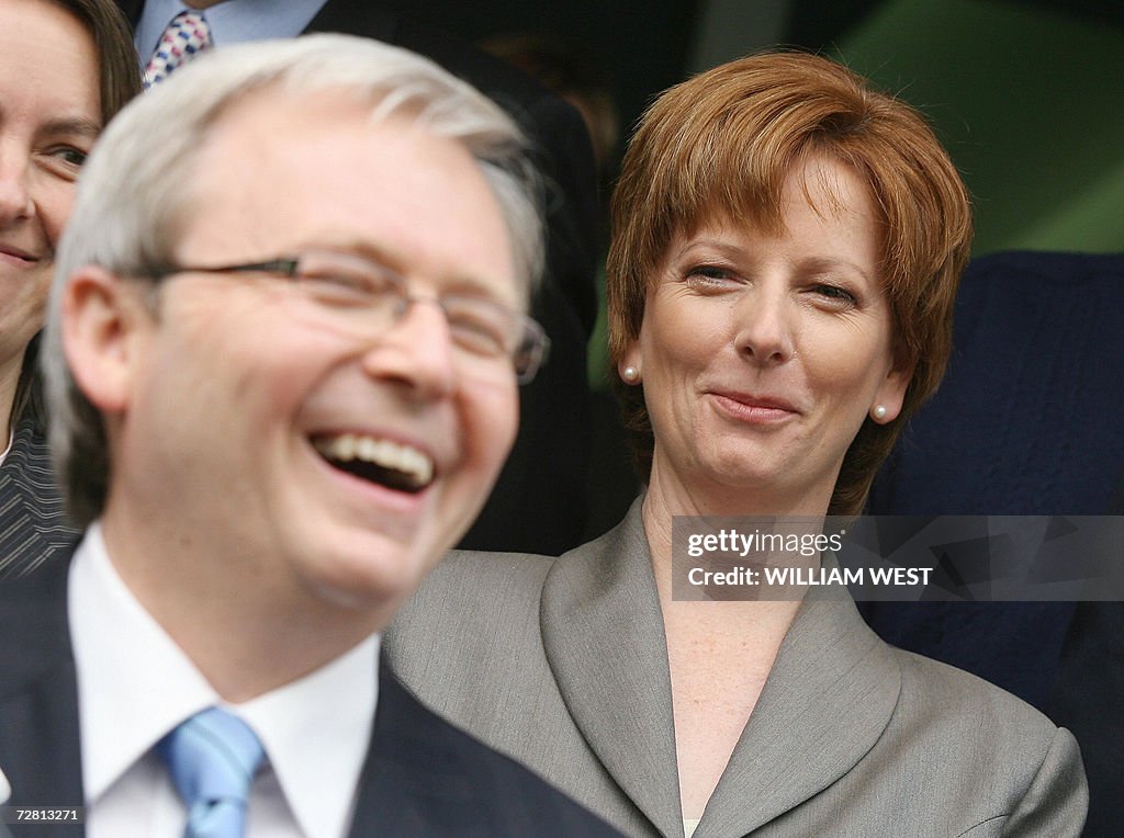 Julia Rudd Deputy Leader Julia Gillard laughs with New Labour leader Kevin Rudd ...