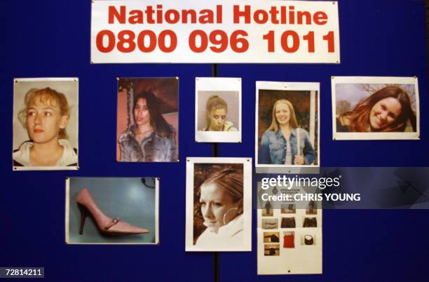 Martlesham, UNITED KINGDOM: A crimeboard bearing the images of three murdered and two missing prostitutes is pictured at Suffolk police headquarters,...