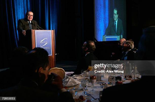 Supreme Court Associate Justice Antonin Scalia addresses a Northern Virginia Technology Council breakfast December 13, 2006 in McLean, Virginia....