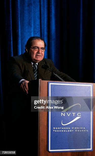 Supreme Court Associate Justice Antonin Scalia addresses a Northern Virginia Technology Council breakfast December 13, 2006 in McLean, Virginia....