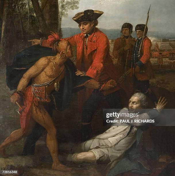 Washington, UNITED STATES: The painting "General Johnson Saving a Wounded French Officer", oil on cannvas by Benjamin West, c. 1764-1768 on display...